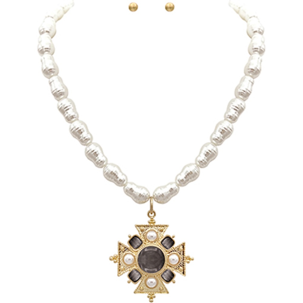 Maltese Cross & Pearl Bead Necklace Set